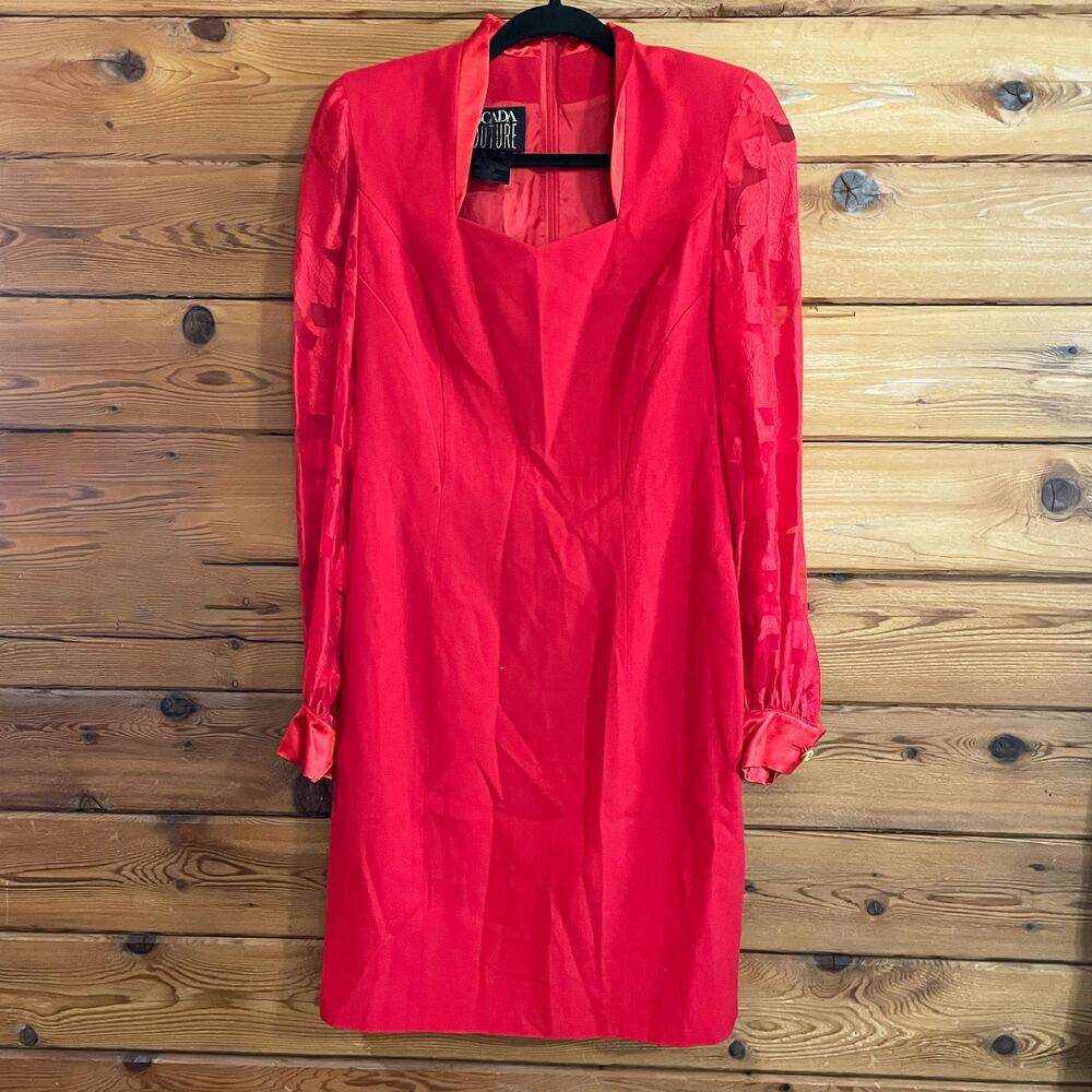 Escada Couture Vintage Red Lace Sleeve Dress Size 38